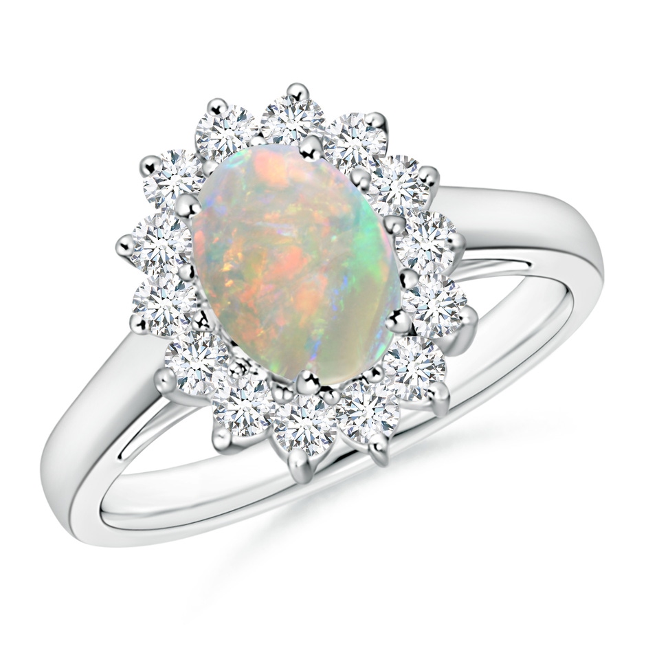 8x6mm AAAA Princess Diana Inspired Opal Ring with Diamond Halo in White Gold 