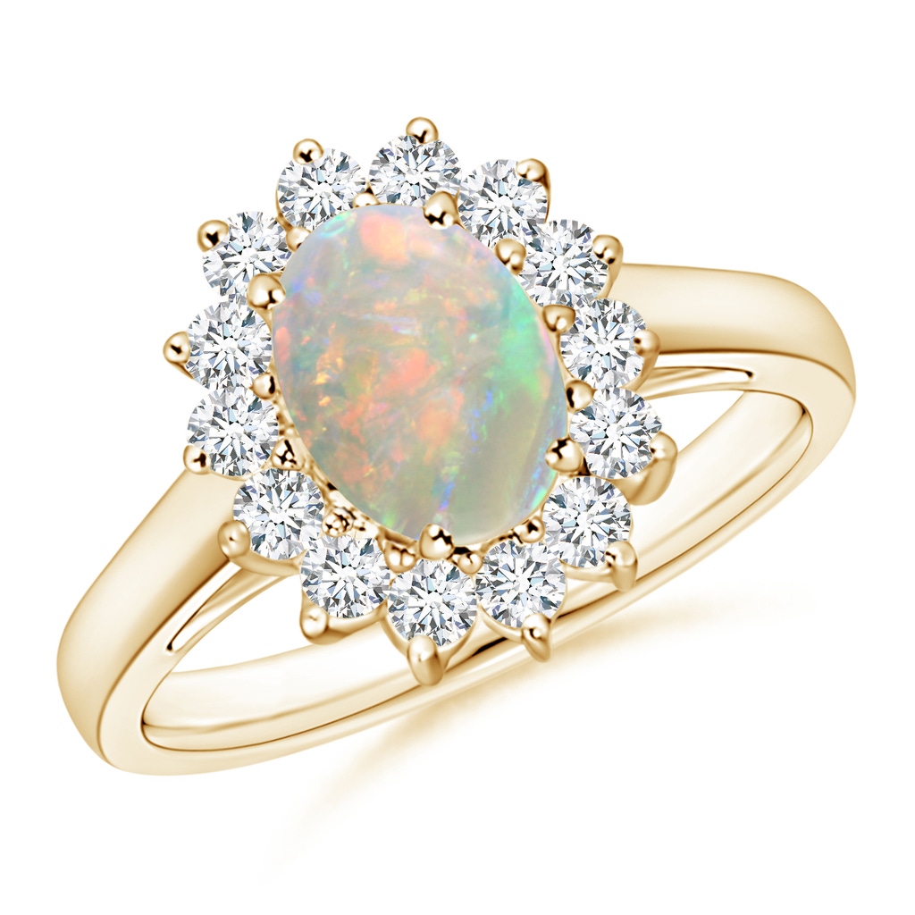 8x6mm AAAA Princess Diana Inspired Opal Ring with Diamond Halo in Yellow Gold