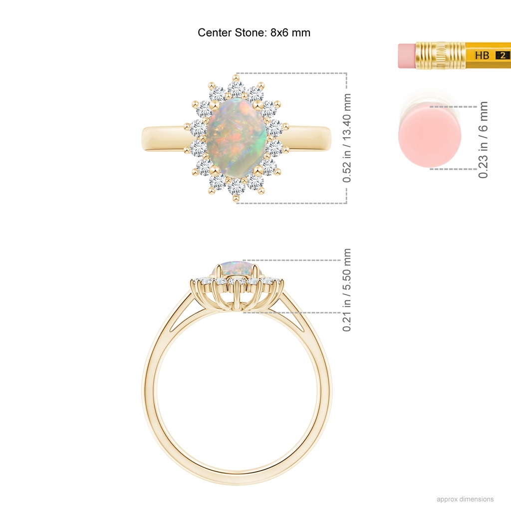 8x6mm AAAA Princess Diana Inspired Opal Ring with Diamond Halo in Yellow Gold Ruler
