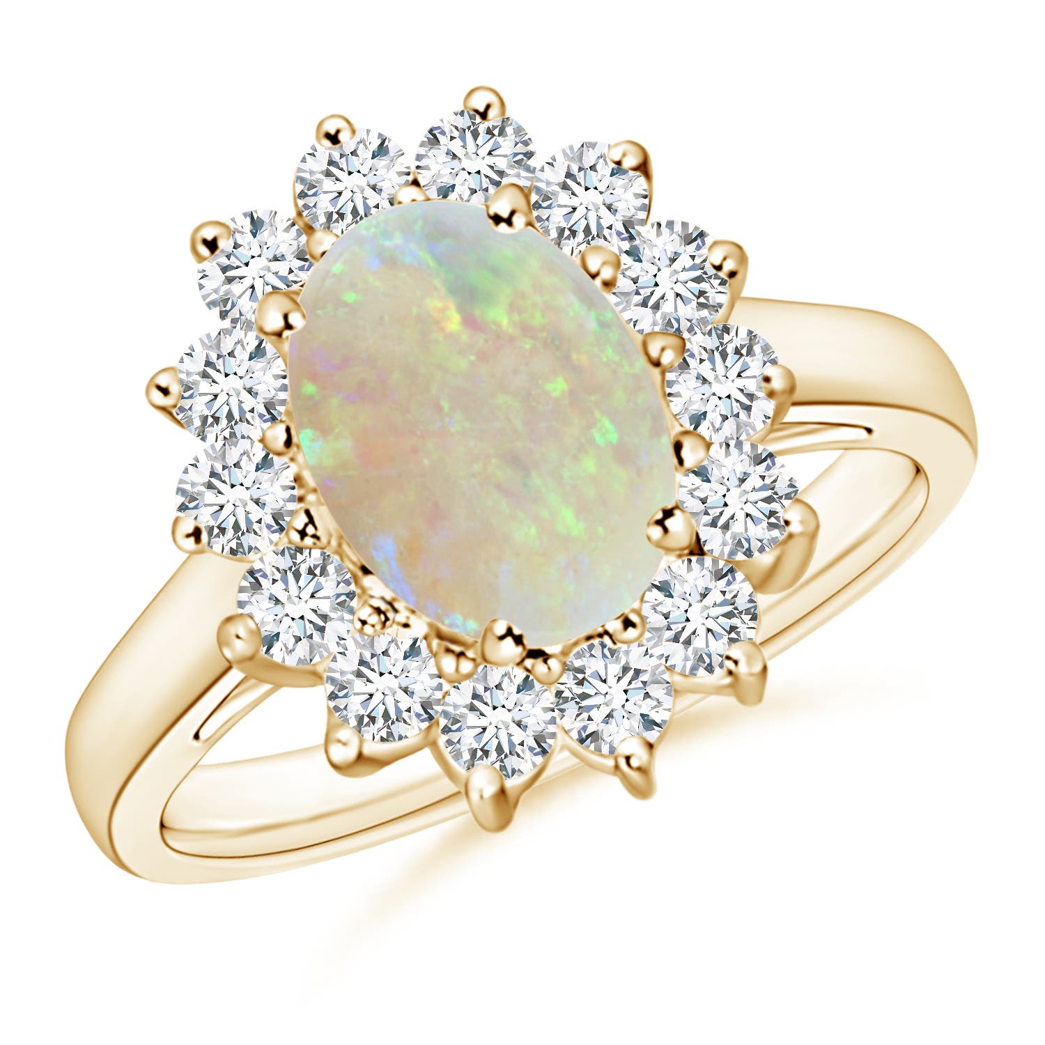 9x7mm AAA Princess Diana Inspired Opal Ring with Diamond Halo in 18K Yellow Gold