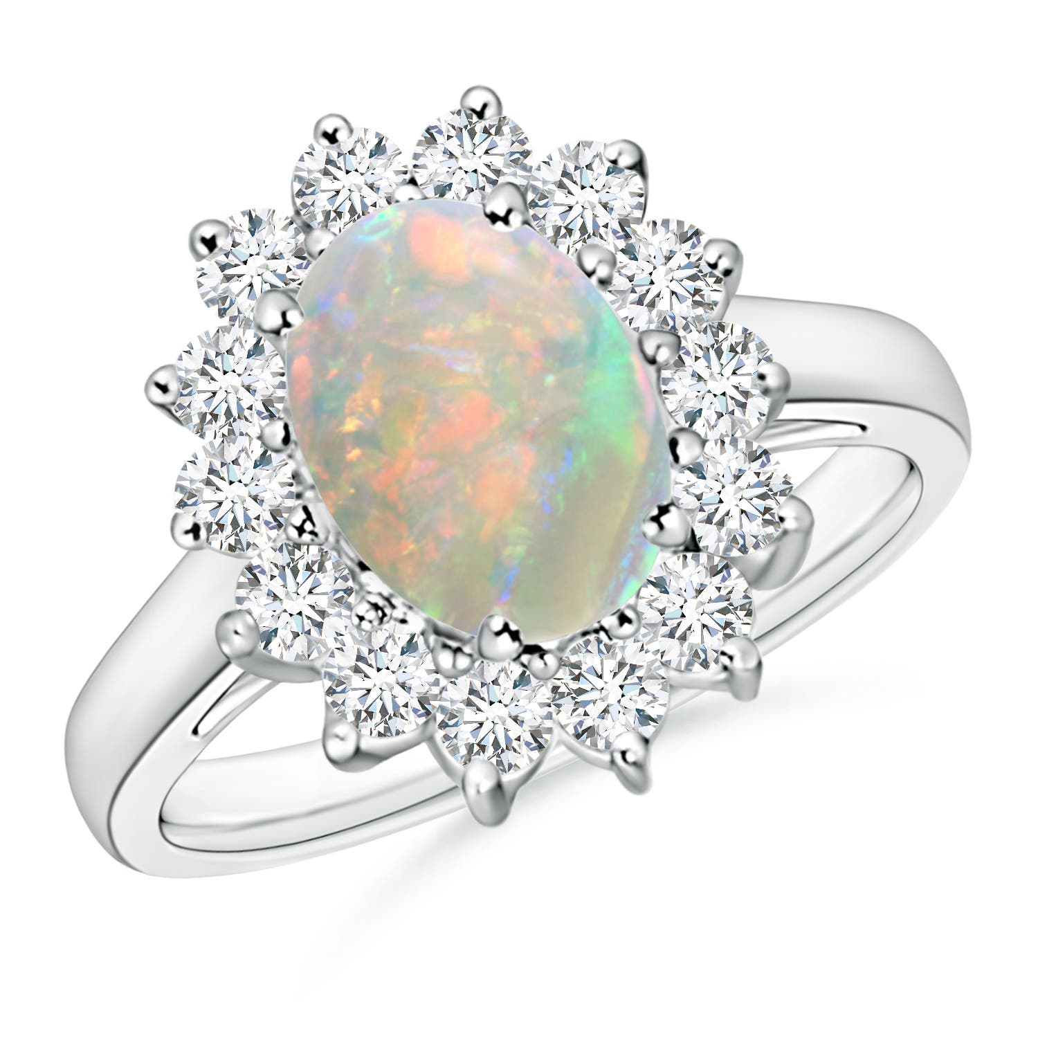 9x7mm AAAA Princess Diana Inspired Opal Ring with Diamond Halo in P950 Platinum