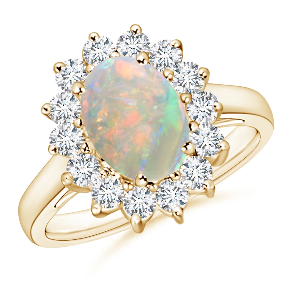 9x7mm AAAA Princess Diana Inspired Opal Ring with Diamond Halo in Yellow Gold 