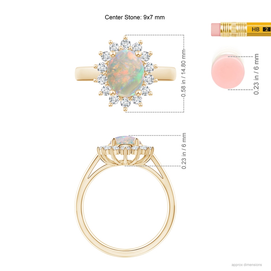 9x7mm AAAA Princess Diana Inspired Opal Ring with Diamond Halo in Yellow Gold ruler