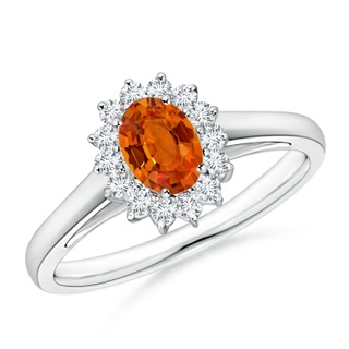 6x4mm AAAA Princess Diana Inspired Orange Sapphire Ring with Halo in P950 Platinum