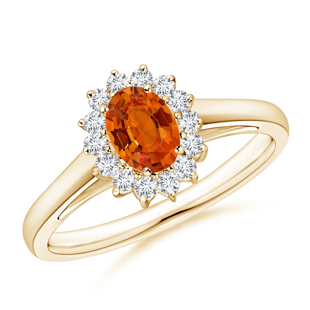 6x4mm AAAA Princess Diana Inspired Orange Sapphire Ring with Halo in Yellow Gold