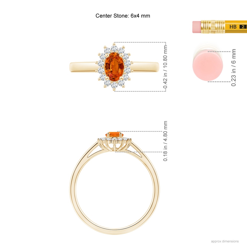 6x4mm AAAA Princess Diana Inspired Orange Sapphire Ring with Halo in Yellow Gold ruler