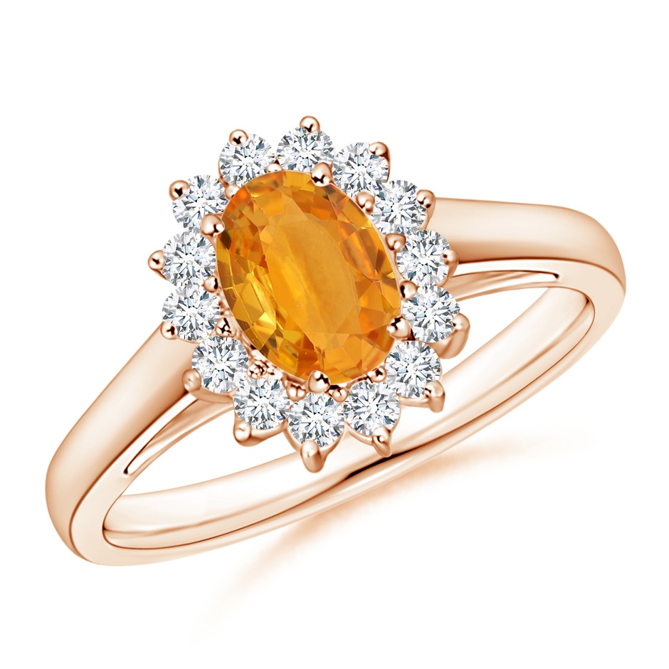 7x5mm A Princess Diana Inspired Orange Sapphire Ring with Halo in Rose Gold 
