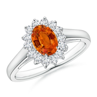 7x5mm AAAA Princess Diana Inspired Orange Sapphire Ring with Halo in P950 Platinum