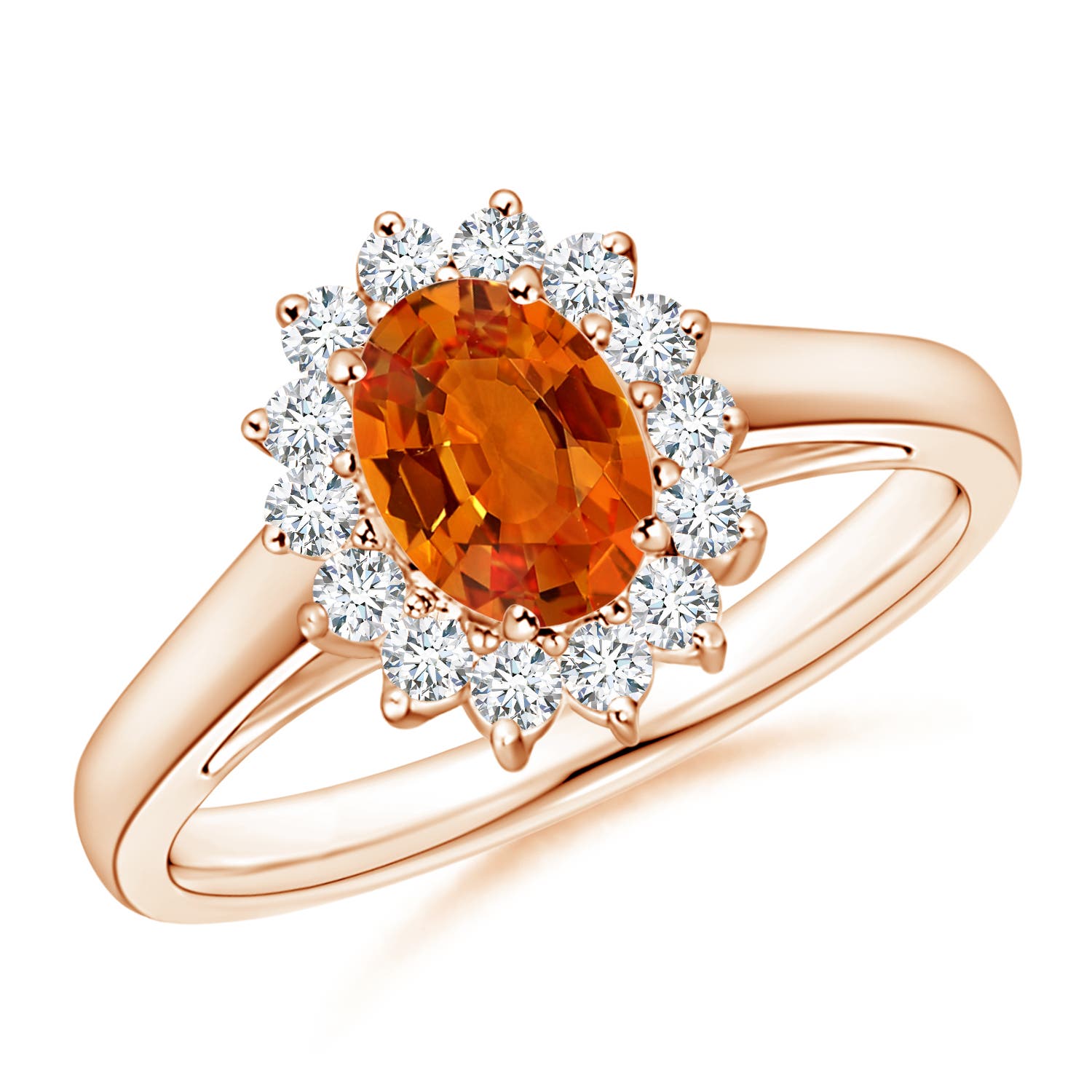 7x5mm AAAA Princess Diana Inspired Orange Sapphire Ring with Halo in Rose Gold