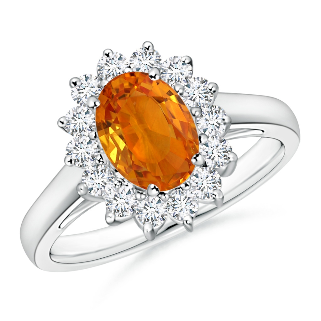 8x6mm AAA Princess Diana Inspired Orange Sapphire Ring with Halo in P950 Platinum 