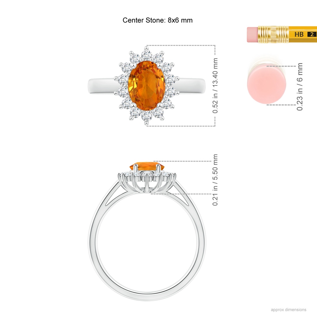 8x6mm AAA Princess Diana Inspired Orange Sapphire Ring with Halo in P950 Platinum Ruler