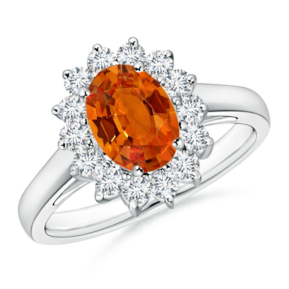 8x6mm AAAA Princess Diana Inspired Orange Sapphire Ring with Halo in 9K White Gold 