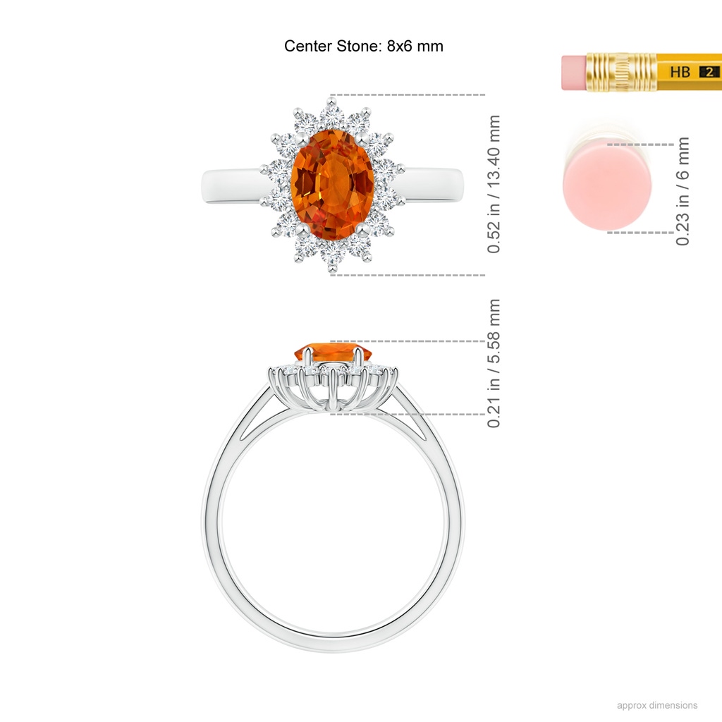 8x6mm AAAA Princess Diana Inspired Orange Sapphire Ring with Halo in 9K White Gold Ruler