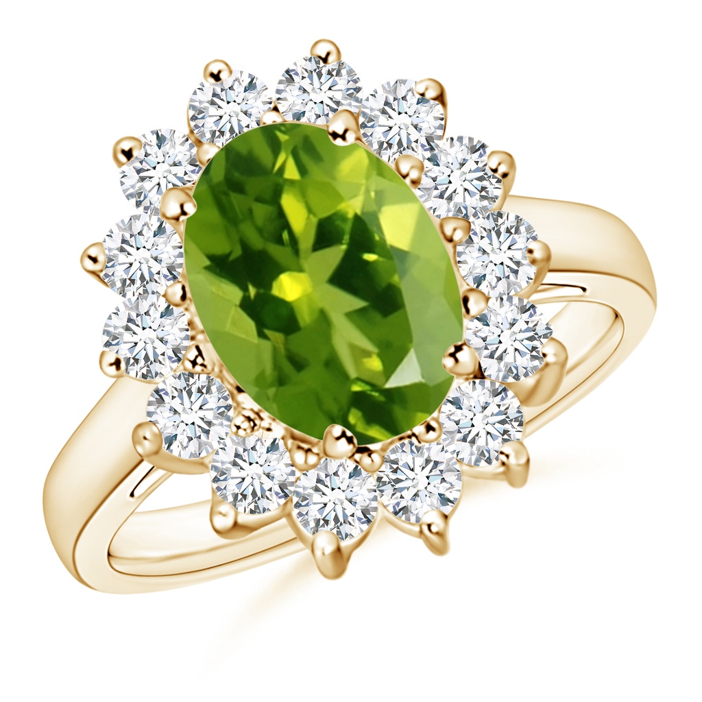 10x8mm AAAA Princess Diana Inspired Peridot Ring with Diamond Halo in Yellow Gold