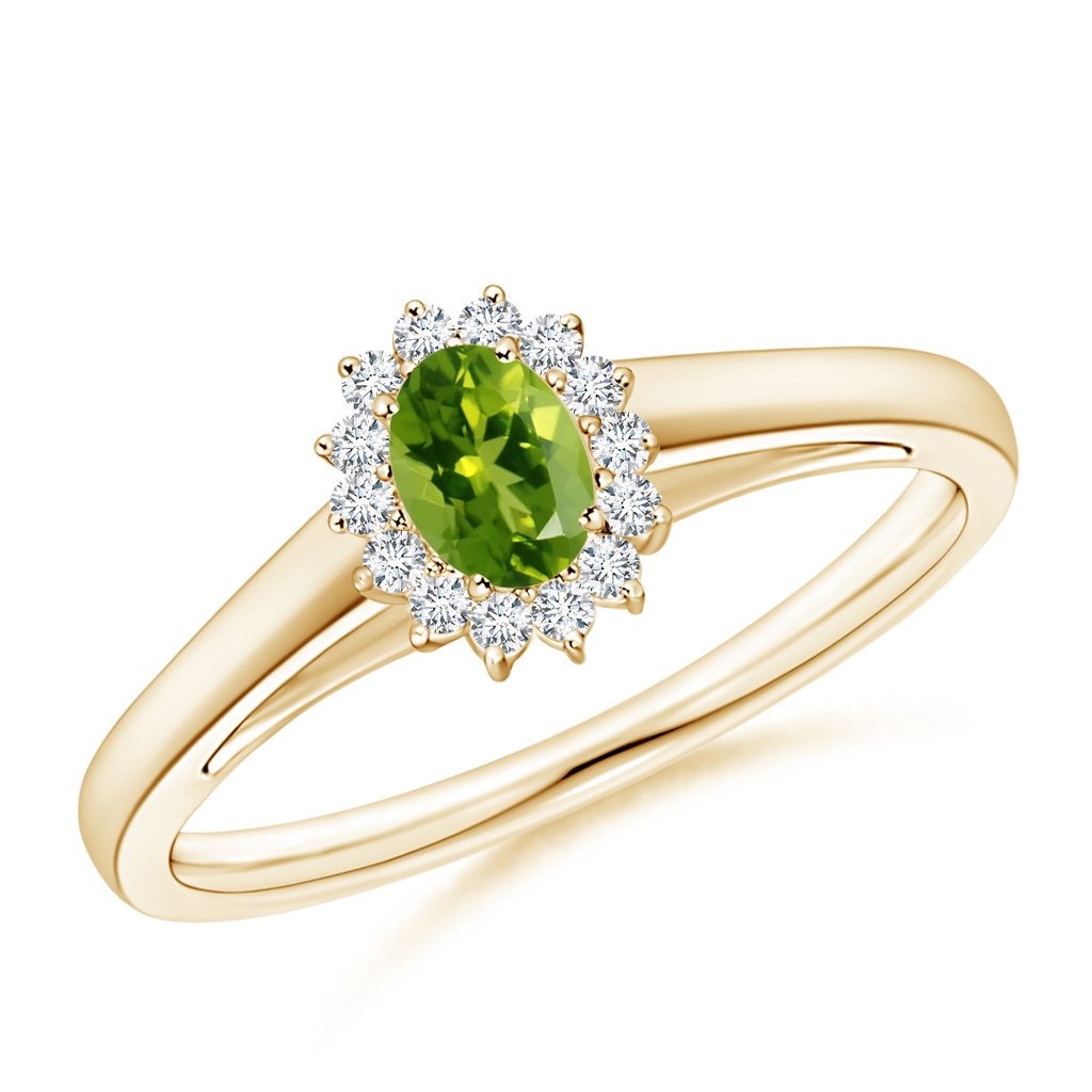 5x3mm AAAA Princess Diana Inspired Peridot Ring with Diamond Halo in Yellow Gold