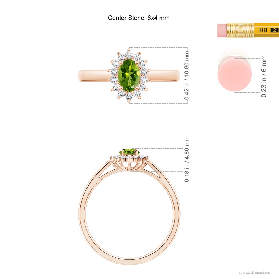 6x4mm AAAA Princess Diana Inspired Peridot Ring with Diamond Halo in Rose Gold ruler