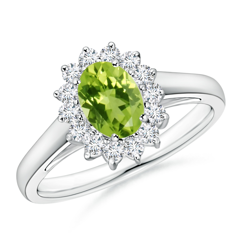 7x5mm AAA Princess Diana Inspired Peridot Ring with Diamond Halo in White Gold