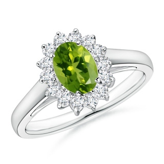7x5mm AAAA Princess Diana Inspired Peridot Ring with Diamond Halo in P950 Platinum