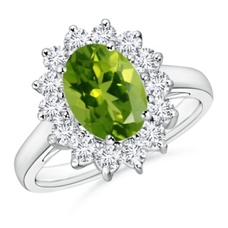 9x7mm AAAA Princess Diana Inspired Peridot Ring with Diamond Halo in P950 Platinum