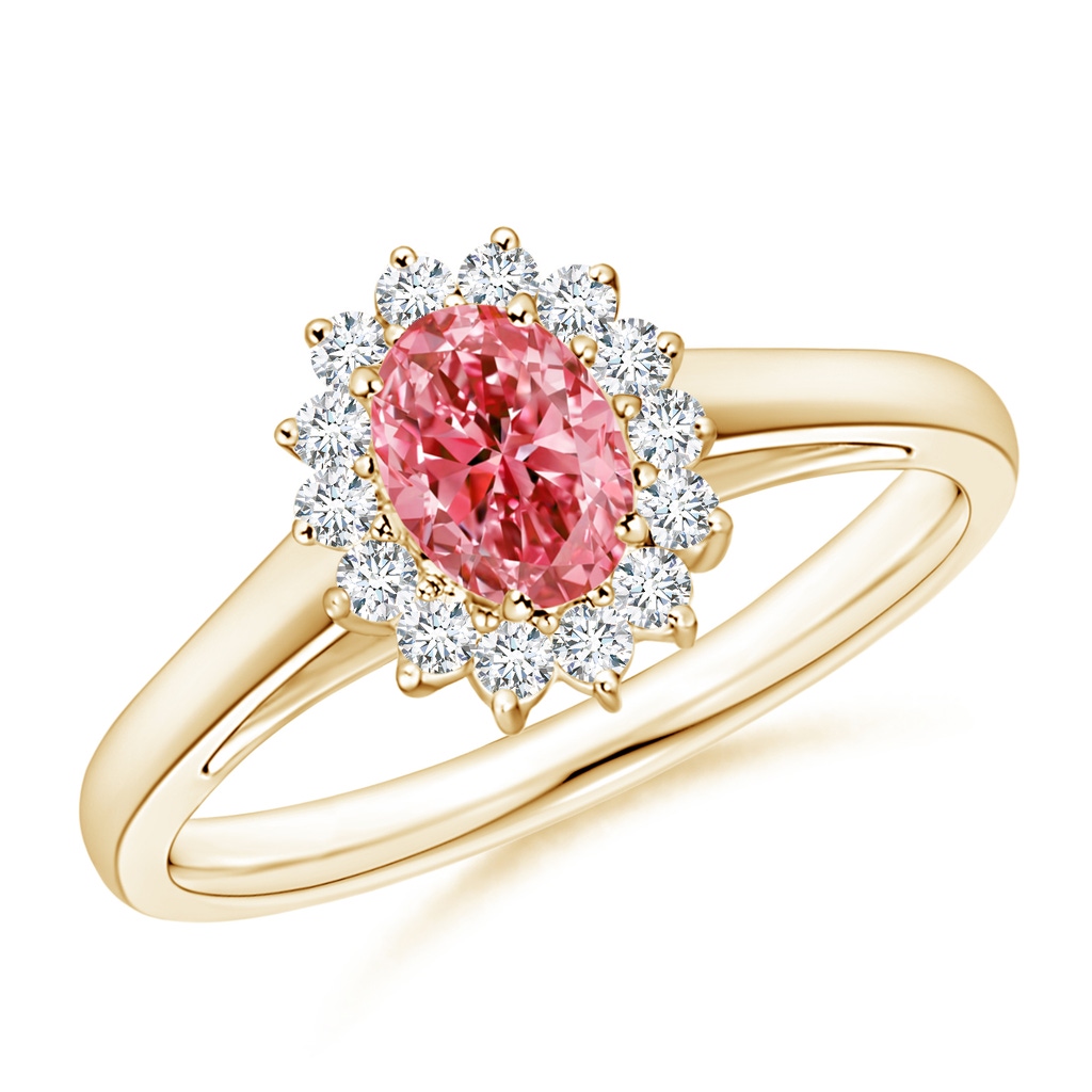 6x4mm AAAA Princess Diana Inspired Fancy Intense Pink Diamond Ring with Halo in Yellow Gold