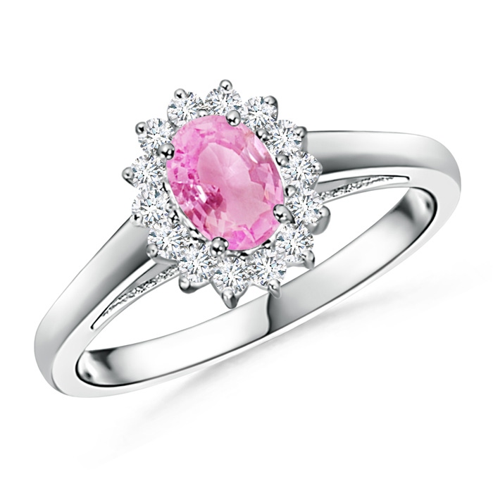 6x4mm A Princess Diana Inspired Pink Sapphire Ring with Diamond Halo in 9K White Gold 