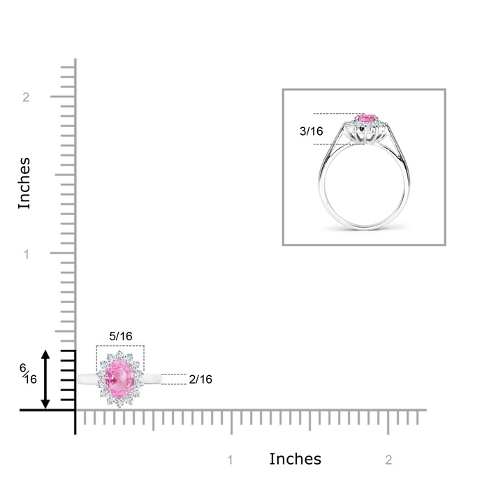 6x4mm A Princess Diana Inspired Pink Sapphire Ring with Diamond Halo in 9K White Gold ruler
