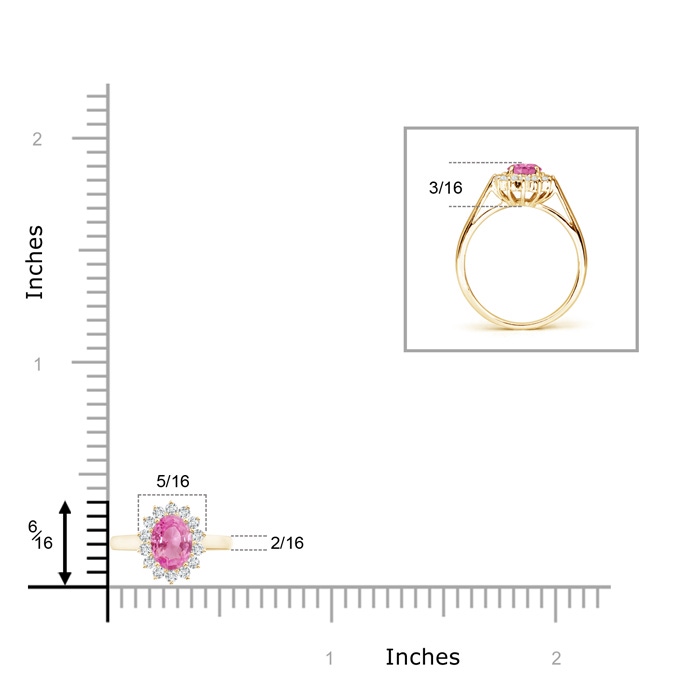 6x4mm AA Princess Diana Inspired Pink Sapphire Ring with Diamond Halo in Yellow Gold ruler