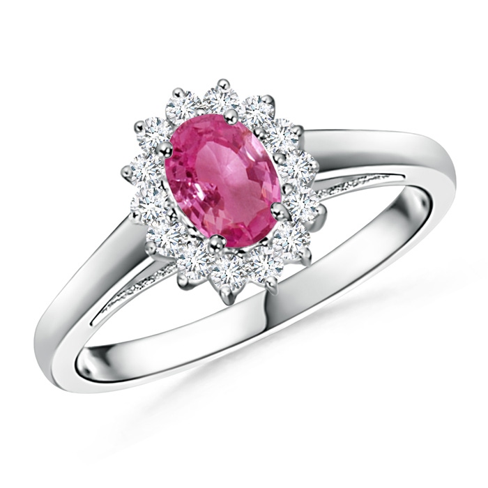 6x4mm AAAA Princess Diana Inspired Pink Sapphire Ring with Diamond Halo in 9K White Gold 