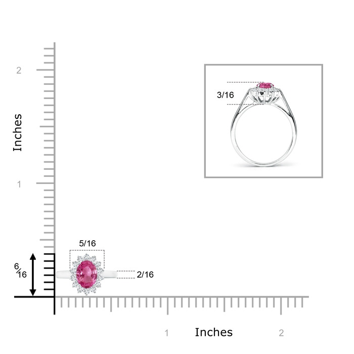 6x4mm AAAA Princess Diana Inspired Pink Sapphire Ring with Diamond Halo in White Gold ruler