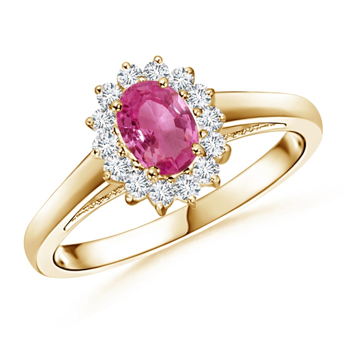 6x4mm AAAA Princess Diana Inspired Pink Sapphire Ring with Diamond Halo in Yellow Gold