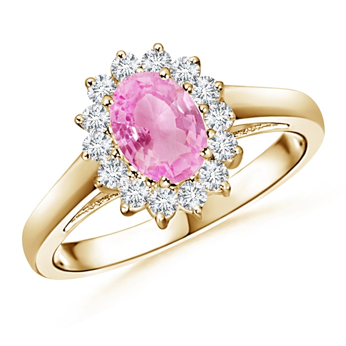 7x5mm A Princess Diana Inspired Pink Sapphire Ring with Diamond Halo in 10K Yellow Gold 