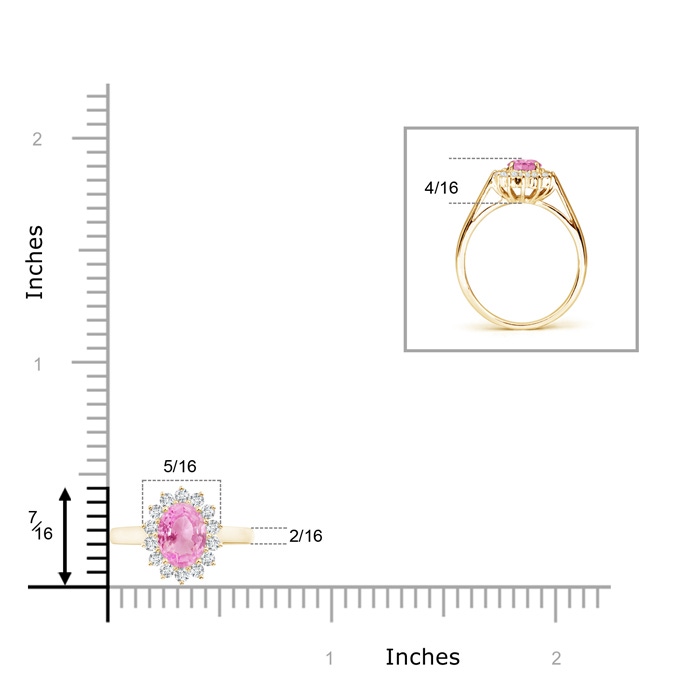 7x5mm A Princess Diana Inspired Pink Sapphire Ring with Diamond Halo in 10K Yellow Gold ruler