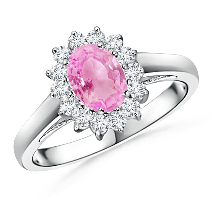 7x5mm A Princess Diana Inspired Pink Sapphire Ring with Diamond Halo in White Gold 