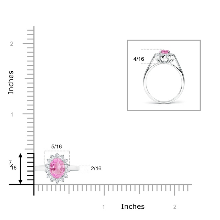 7x5mm A Princess Diana Inspired Pink Sapphire Ring with Diamond Halo in White Gold ruler