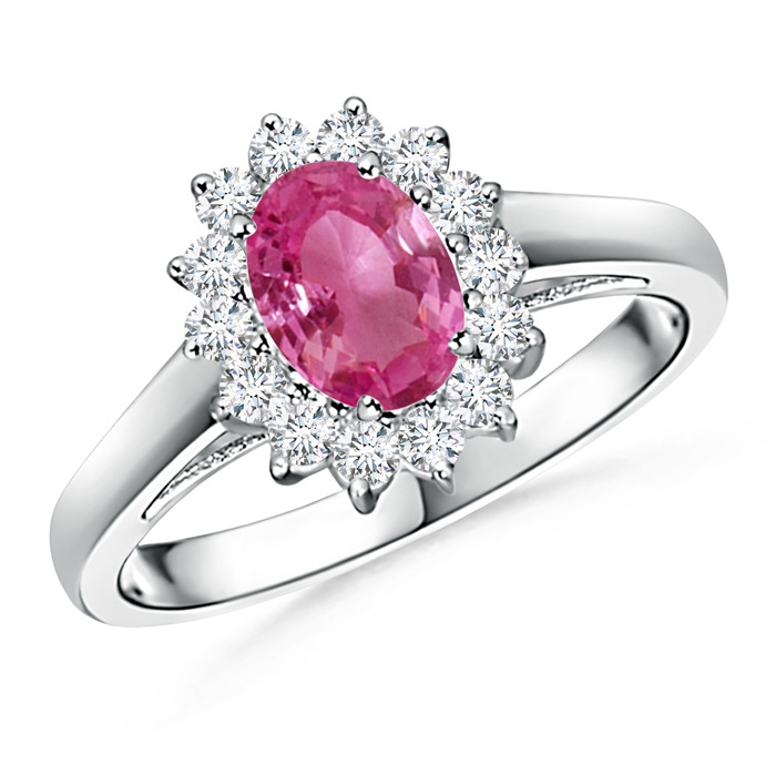 7x5mm AAAA Princess Diana Inspired Pink Sapphire Ring with Diamond Halo in P950 Platinum 