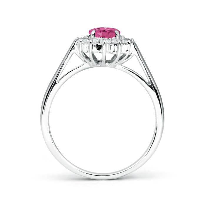 7x5mm AAAA Princess Diana Inspired Pink Sapphire Ring with Diamond Halo in P950 Platinum - side 1
