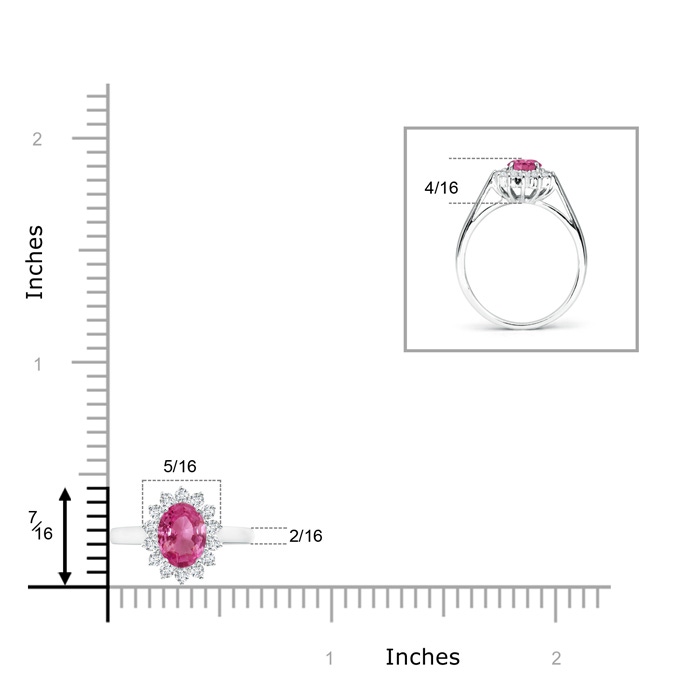 7x5mm AAAA Princess Diana Inspired Pink Sapphire Ring with Diamond Halo in White Gold ruler