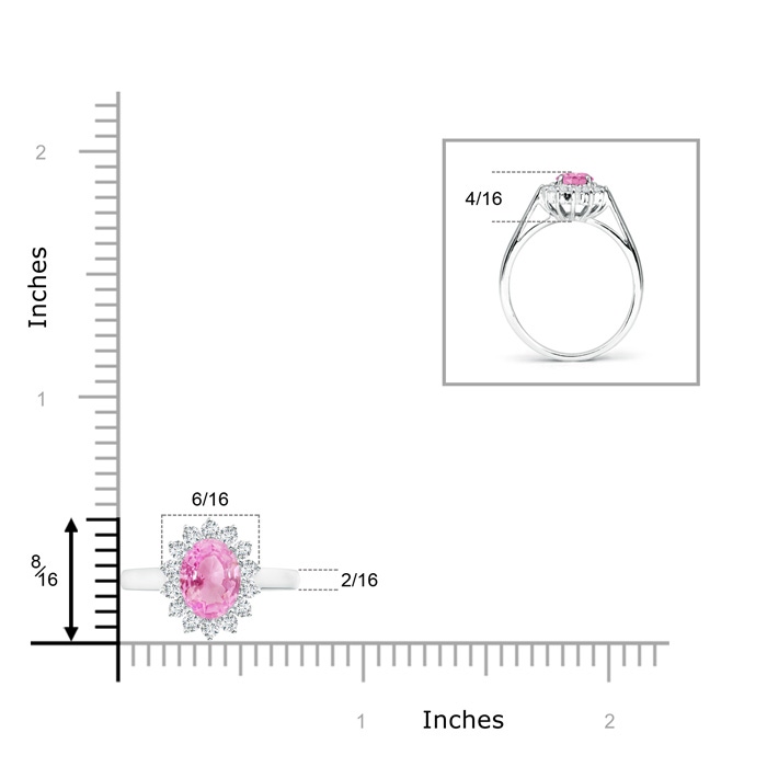8x6mm A Princess Diana Inspired Pink Sapphire Ring with Diamond Halo in White Gold ruler