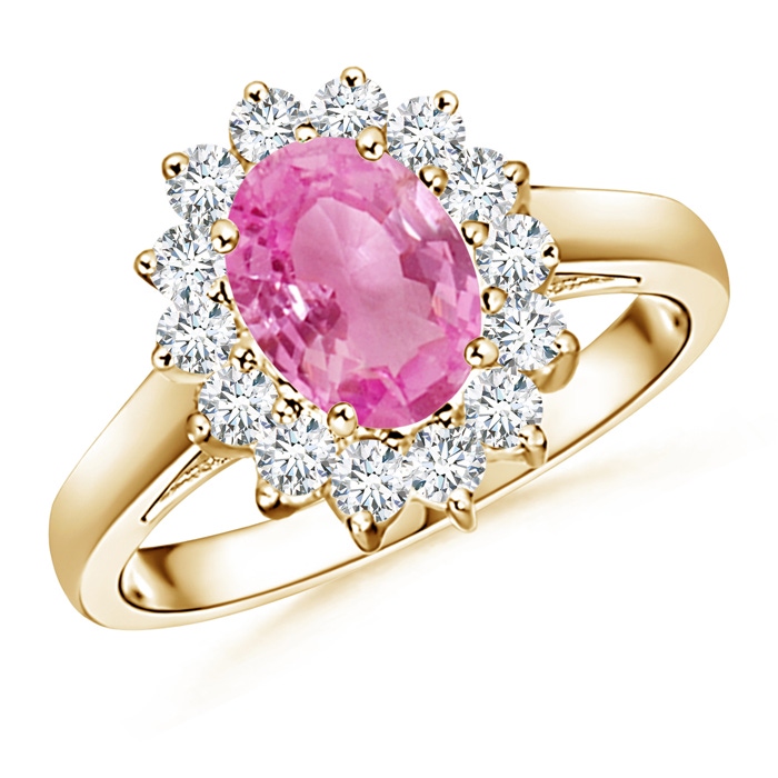 8x6mm AA Princess Diana Inspired Pink Sapphire Ring with Diamond Halo in Yellow Gold 