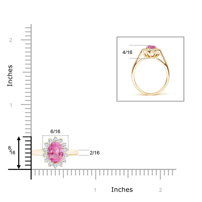 8x6mm AA Princess Diana Inspired Pink Sapphire Ring with Diamond Halo in Yellow Gold ruler