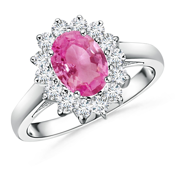 8x6mm AAA Princess Diana Inspired Pink Sapphire Ring with Diamond Halo in White Gold
