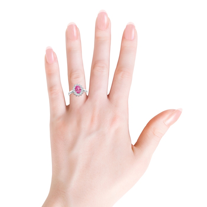 8x6mm AAA Princess Diana Inspired Pink Sapphire Ring with Diamond Halo in White Gold Body-Hand