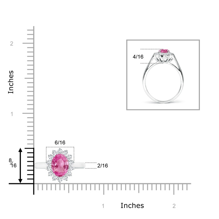 8x6mm AAA Princess Diana Inspired Pink Sapphire Ring with Diamond Halo in White Gold ruler