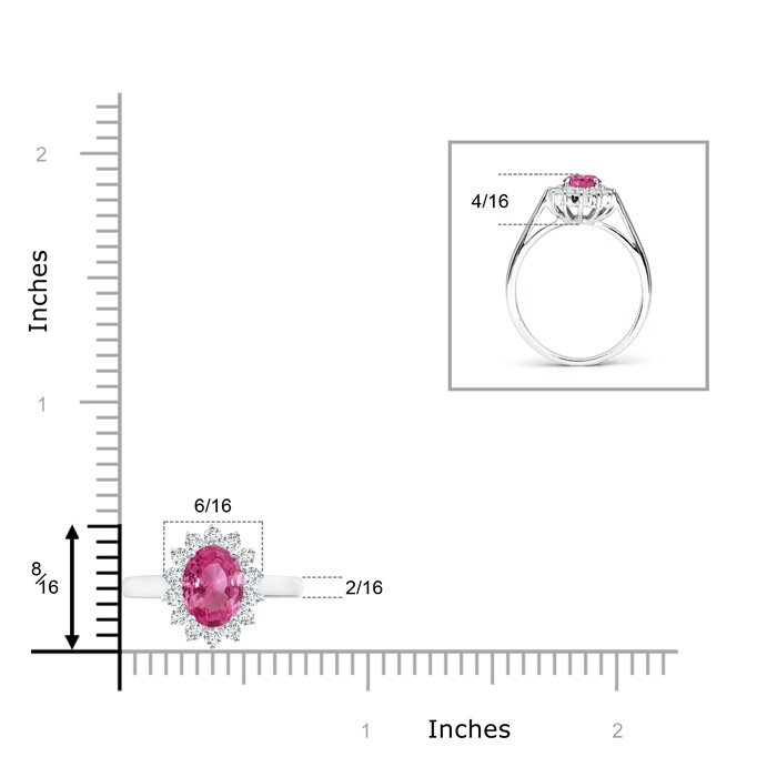 8x6mm AAAA Princess Diana Inspired Pink Sapphire Ring with Diamond Halo in White Gold ruler