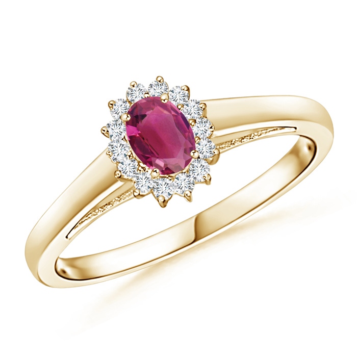 5x3mm AAAA Princess Diana Inspired Pink Tourmaline Ring with Halo in Yellow Gold
