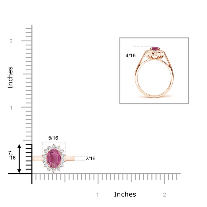 7x5mm AAA Princess Diana Inspired Pink Tourmaline Ring with Halo in Rose Gold Ruler