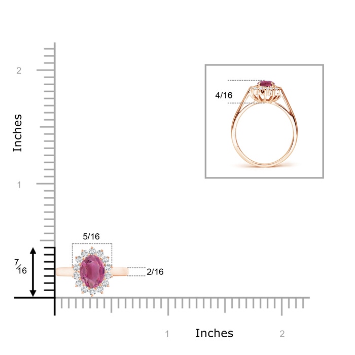 7x5mm AAA Princess Diana Inspired Pink Tourmaline Ring with Halo in Rose Gold ruler