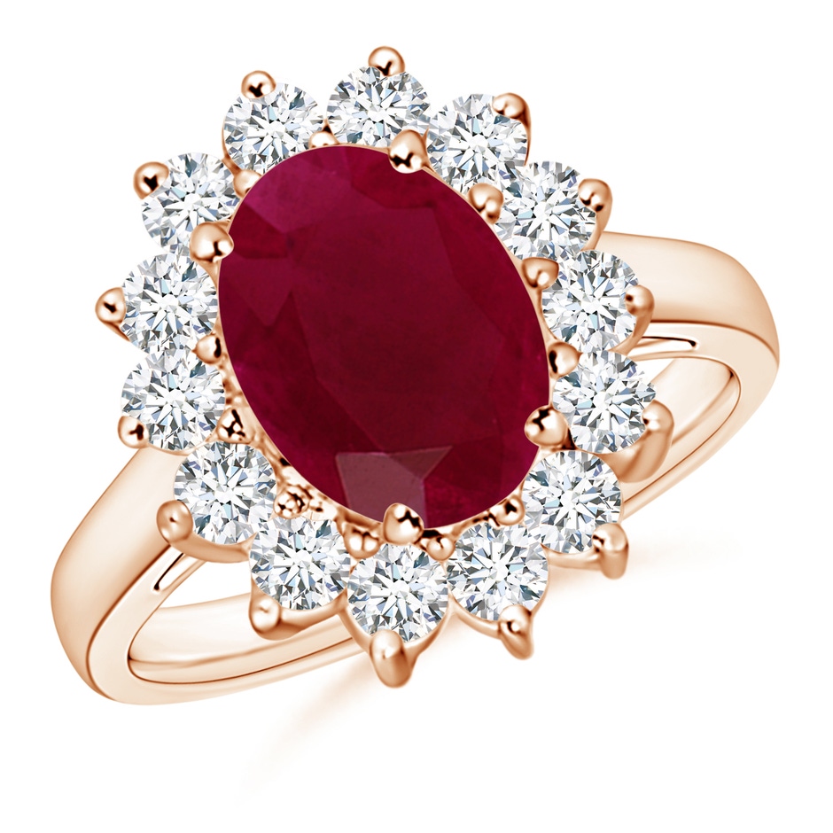 10x8mm A Princess Diana Inspired Ruby Ring with Diamond Halo in Rose Gold 