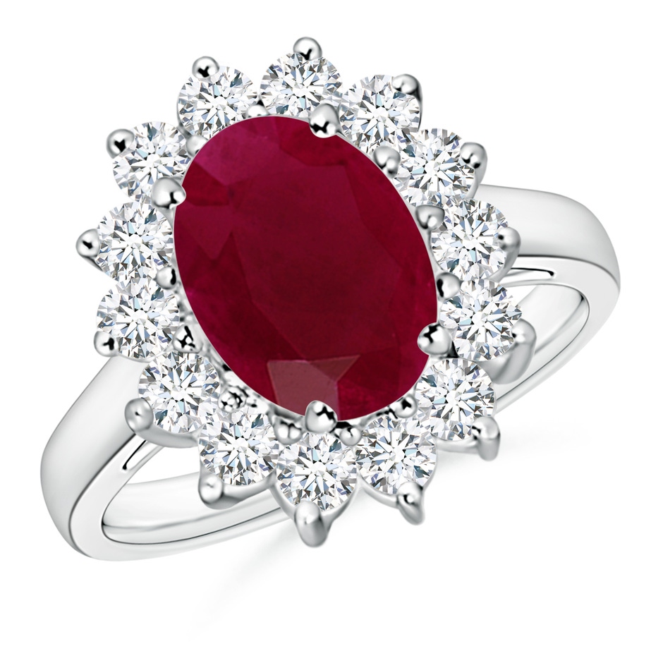 10x8mm A Princess Diana Inspired Ruby Ring with Diamond Halo in White Gold 