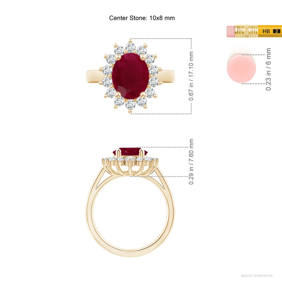 10x8mm A Princess Diana Inspired Ruby Ring with Diamond Halo in Yellow Gold ruler